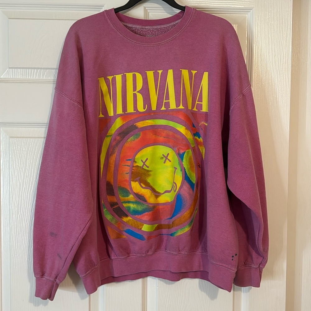 Nirvana pink crewneck. small stains on arm.